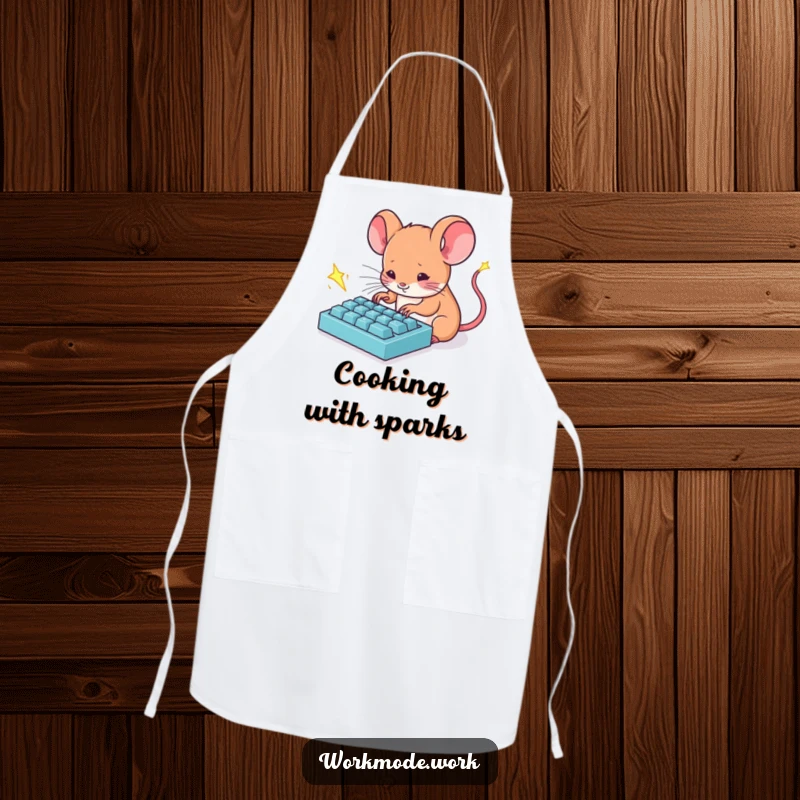 Funny Mouse Apron: A tiny mouse furiously types on a miniature keyboard with sparks flying, a humorous kitchen accessory.
