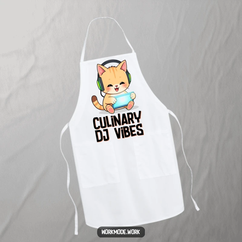 Funny cat apron showing a happy cat wearing headphones, enthusiastically tapping on a glowing tablet, a playful kitchen accessory.