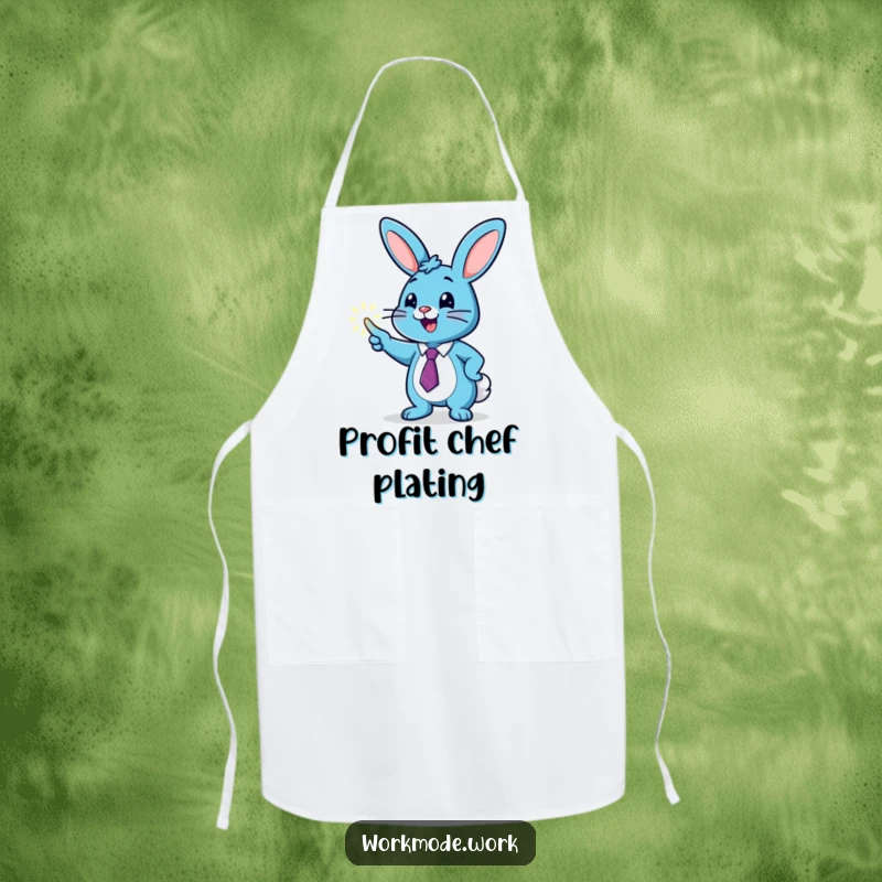 Funny blue bunny wearing a tie, enthusiastically pointing at a glowing graph on an apron, perfect for kitchen strategy.