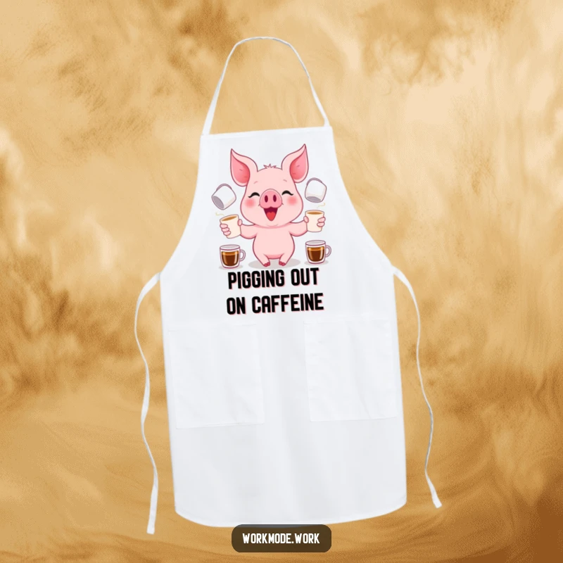 Funny pink piglet with a focused grin, juggling various coffee cups, featured on a practical kitchen apron.
