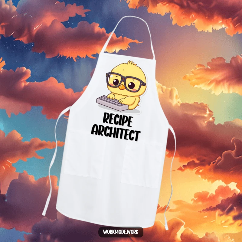 Funny fluffy yellow chick wearing oversized glasses, intensely typing on a tiny keyboard on an apron, perfect for kitchen creativity.