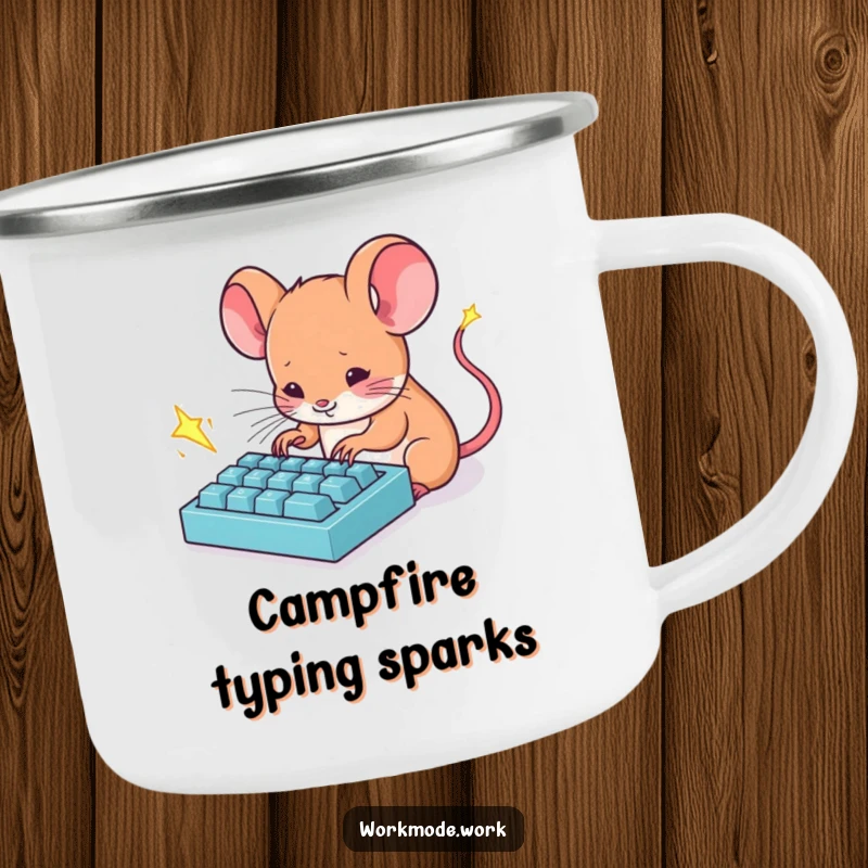 Funny Mouse Camp Mug: A tiny mouse furiously typing on a miniature keyboard with sparks flying, humorous camp essential.