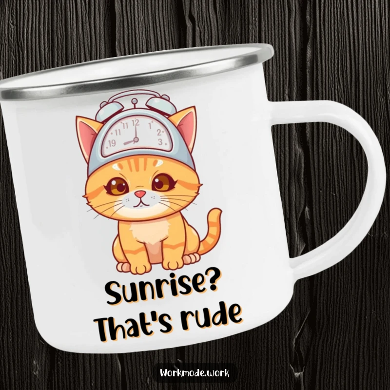 Funny orange cat wearing an alarm clock hat, looking overwhelmed but determined, on a durable camping mug.