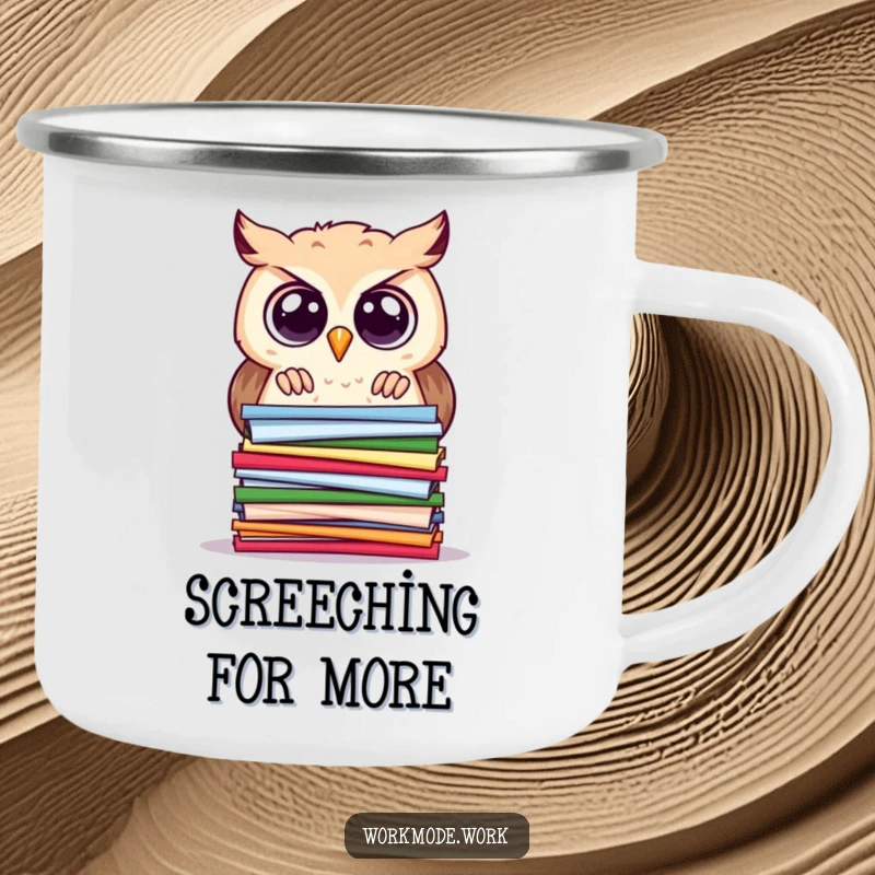 Funny owl camping mug of a curious owl with wide eyes, peering intently at a stacked pile of colorful papers, for outdoors.