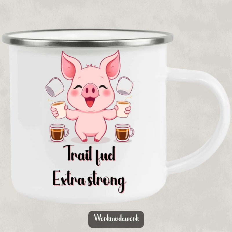Funny pink piglet with a focused grin, juggling coffee cups, on a durable camping mug for outdoor use.