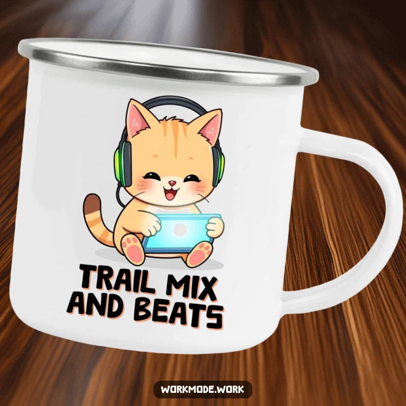 Funny cat camping mug of a happy cat with headphones, enthusiastically tapping on a glowing tablet, for outdoor adventures.