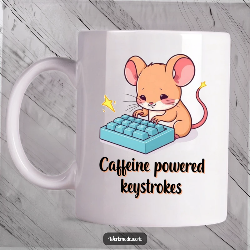 Funny Mouse Typist Mug: A tiny mouse furiously types on a miniature keyboard, sparks flying, embodying intense productivity.