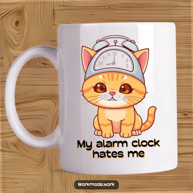 Funny orange cat wearing an alarm clock hat, overwhelmed but determined, sipping coffee from a cute mug.