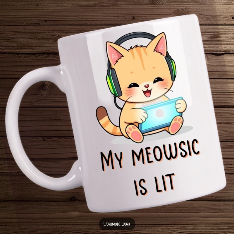 Funny cat mug of a happy feline wearing headphones, enthusiastically tapping on a glowing tablet, representing a digital gamer.