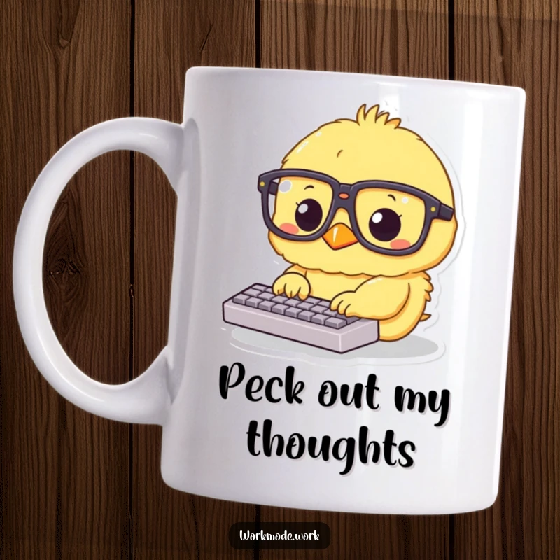 Funny fluffy yellow chick wearing oversized glasses, intensely typing on a tiny keyboard on a mug, symbolizing focused work and cute productivity.