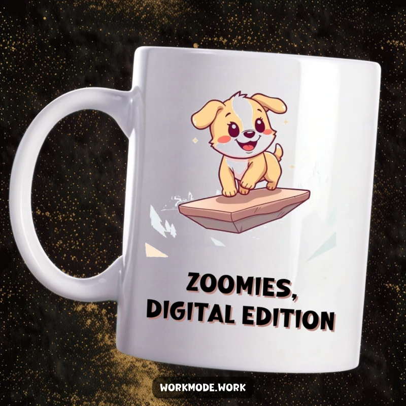 Funny puppy mug of a playful dog energetically zooming across a digital landscape on a floating platform, representing pure joy.
