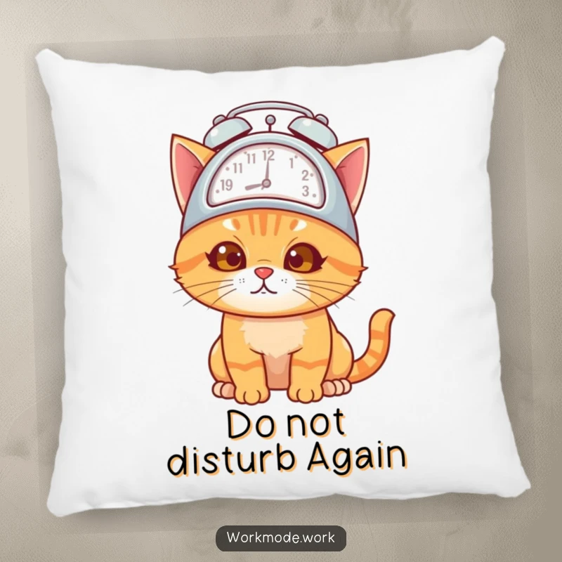 Funny orange cat wearing an alarm clock hat, looking overwhelmed but determined, on a soft and plush pillow.
