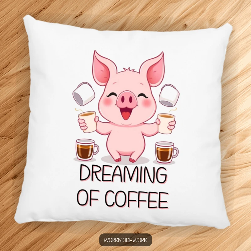 Funny happy pink piglet with a focused grin, juggling coffee cups, printed on a soft and plush pillow.