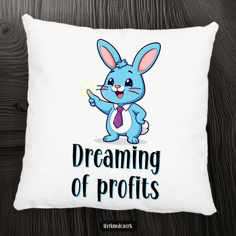 Funny blue bunny in a tie enthusiastically pointing at a glowing graph on a soft pillow, bringing ambition and humor.