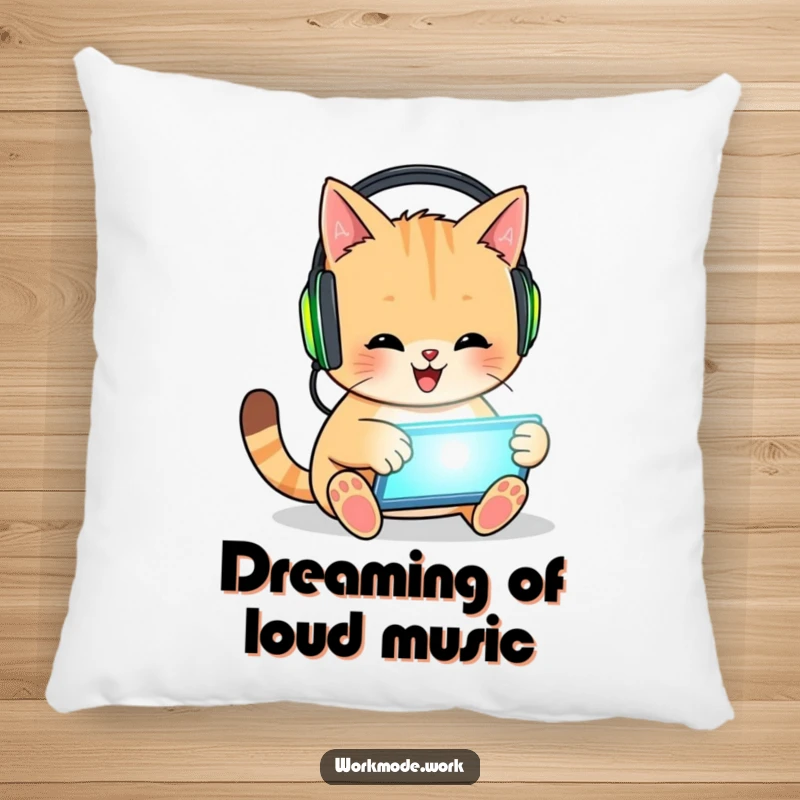 Funny cat pillow featuring a happy cat wearing headphones, enthusiastically tapping on a glowing tablet, a cozy decorative item.
