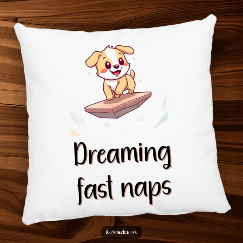 Funny puppy pillow with a playful dog energetically zooming across a digital landscape on a floating platform, a cozy accent.