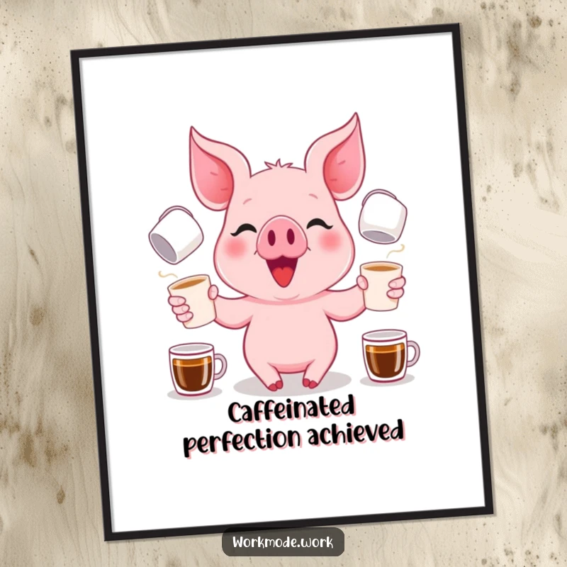 Funny pink piglet with a focused grin, juggling coffee cups, available as an instant digital art download.