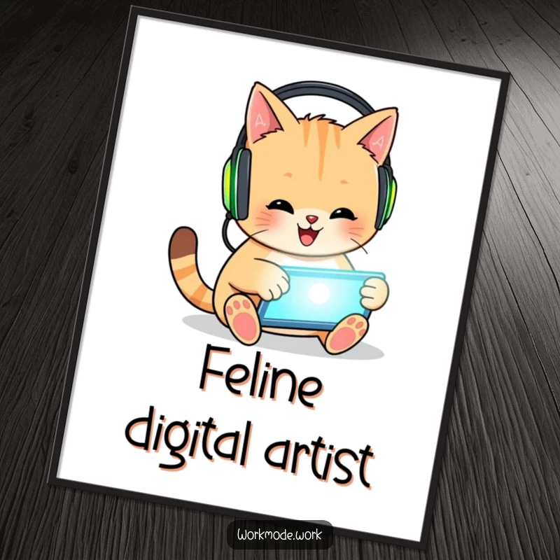 Funny cat digital art print of a happy cat wearing headphones, enthusiastically tapping on a glowing tablet, a humorous illustration.