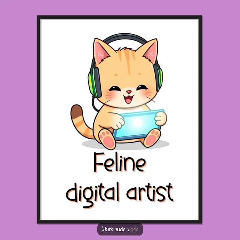 Funny Cat Digital Art: Gamer Feline Tapping Tablet, Whimsical Funny Gift for Walls