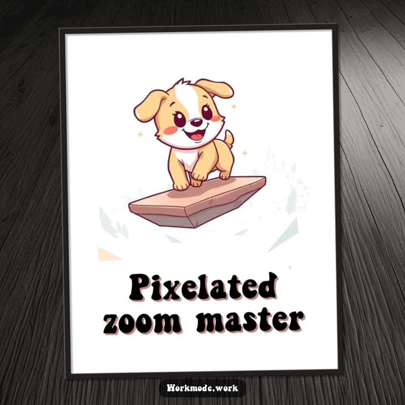 Funny puppy digital art print of a playful dog energetically zooming across a digital landscape on a floating platform, illustration.