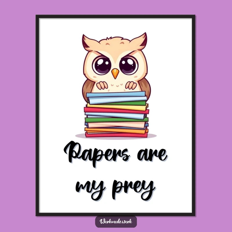 Funny Owl Digital Art: Curious Scholar Owl Studying Papers, Whimsical Funny Gift