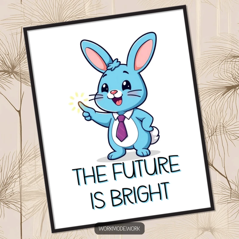 Funny blue bunny wearing a tie, enthusiastically pointing at a glowing graph, rendered as a digital art print for motivational decor.