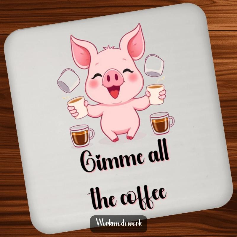 Funny pink piglet with a focused grin, juggling multiple coffee cups, on protective drink coasters.
