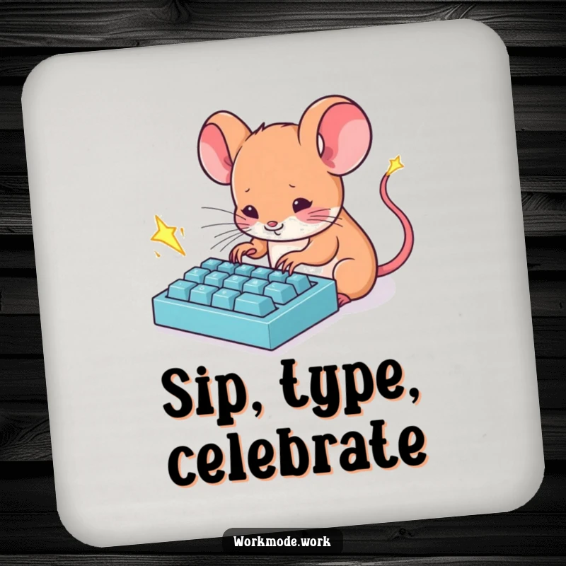 Funny Mouse Coaster: A tiny mouse furiously typing on a miniature keyboard with sparks flying, humorous surface protector.