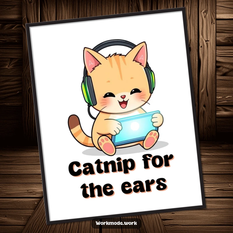 Funny cat poster illustrating a happy cat with headphones, enthusiastically tapping on a glowing tablet, a piece of digital art.