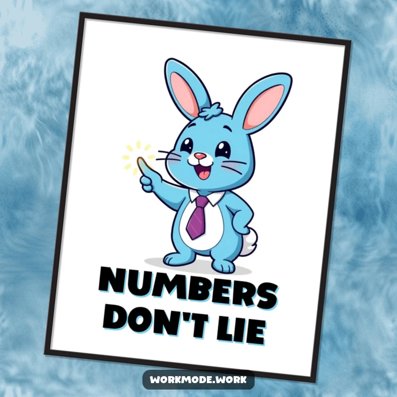 Funny blue bunny wearing a tie, enthusiastically pointing at a glowing graph on a poster, creating an inspiring business scene.