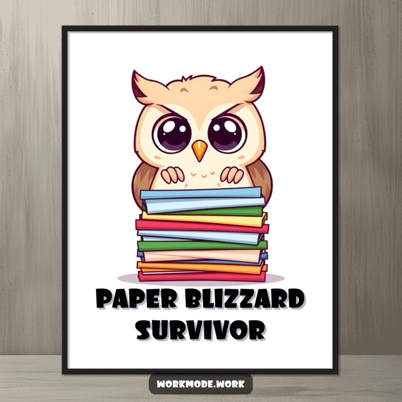 Funny owl poster featuring a curious owl with wide eyes, peering intently at a stacked pile of colorful papers, wall art.