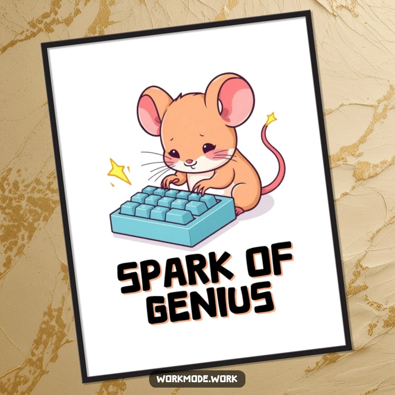 Funny Mouse Poster: A tiny mouse furiously types on a miniature keyboard with sparks flying, symbolizing energetic work.