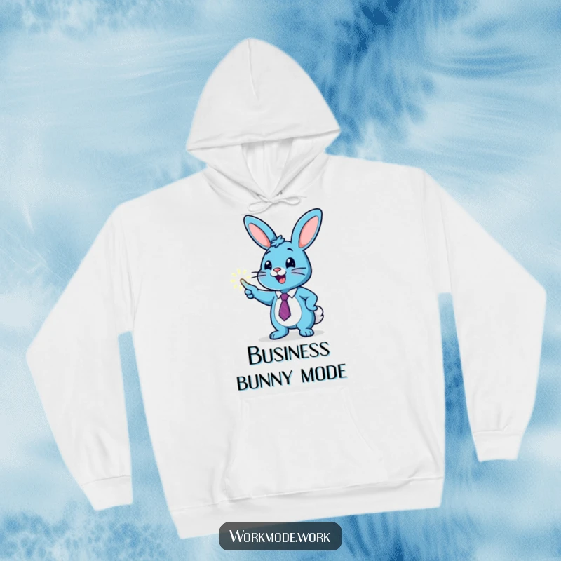 Funny blue bunny in a tie enthusiastically pointing at a glowing graph on a cozy hoodie, perfect for strategizing and celebrating wins.