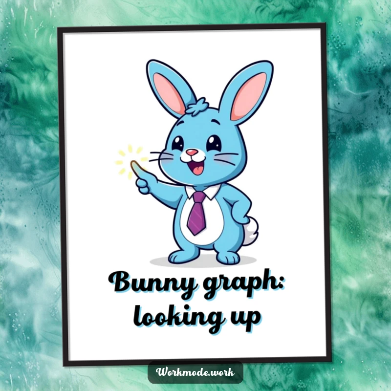 Funny Free Printable Wall Art: A blue bunny in a tie enthusiastically points at a glowing upward graph, symbolizing growth and smart investments.