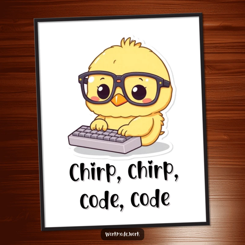 Funny Free Printable Wall Art: A fluffy yellow chick in oversized glasses intensely types on a tiny keyboard, embodying focus and cuteness.