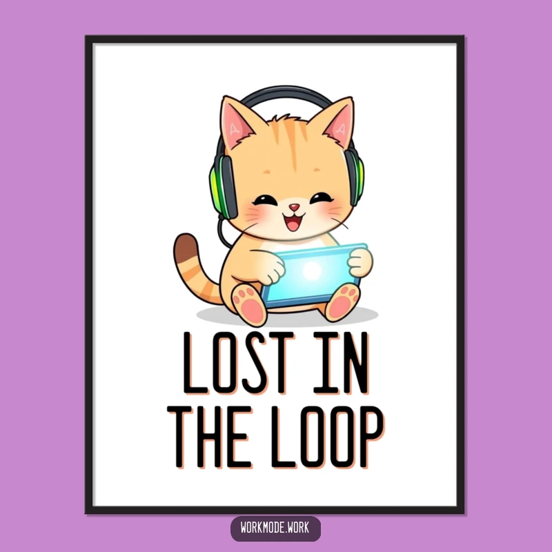 Free Printable Wall Art: Funny Cat With Headphones Tapping Tablet, Downloadable Decor