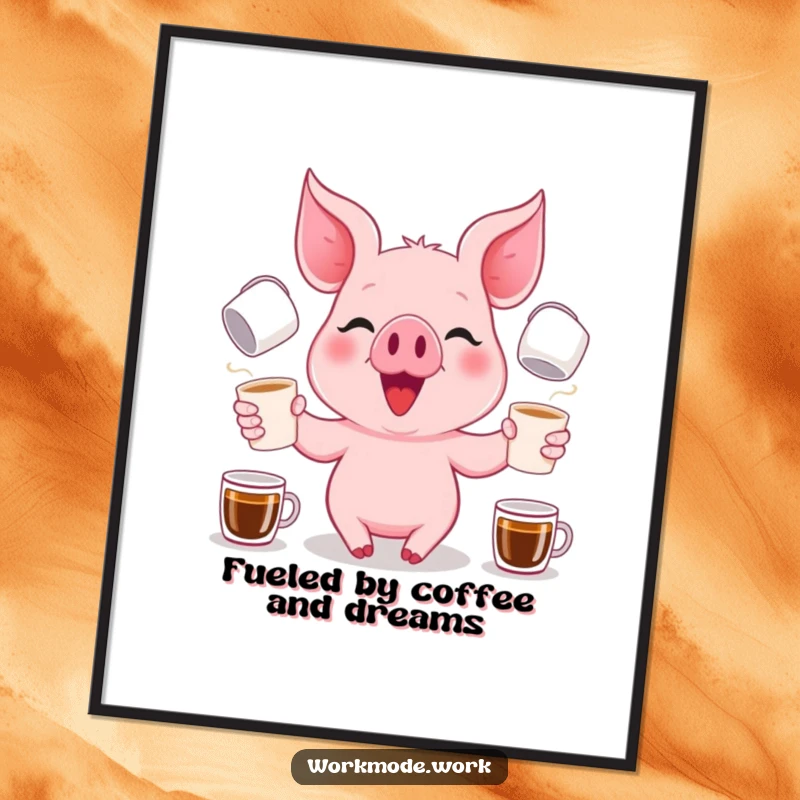 Funny Free Printable Wall Art of a happy pink piglet juggling multiple coffee cups with a focused and energetic grin.