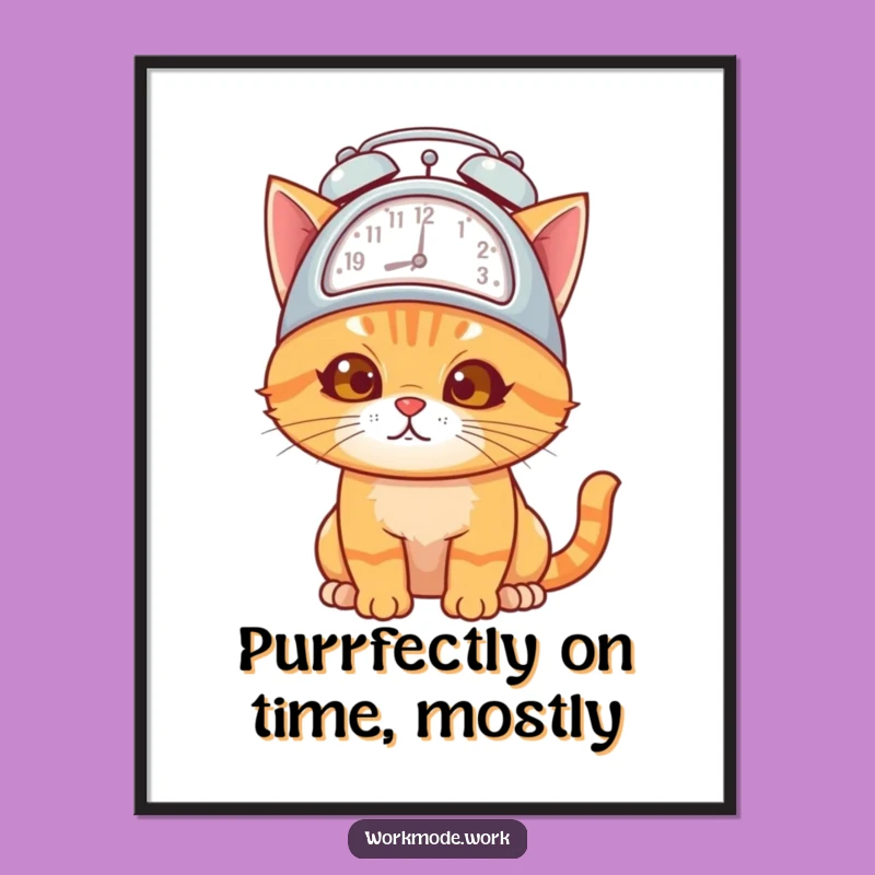 Free Printable Wall Art: Funny Orange Cat Alarm Clock Hat Downloadable Art Print