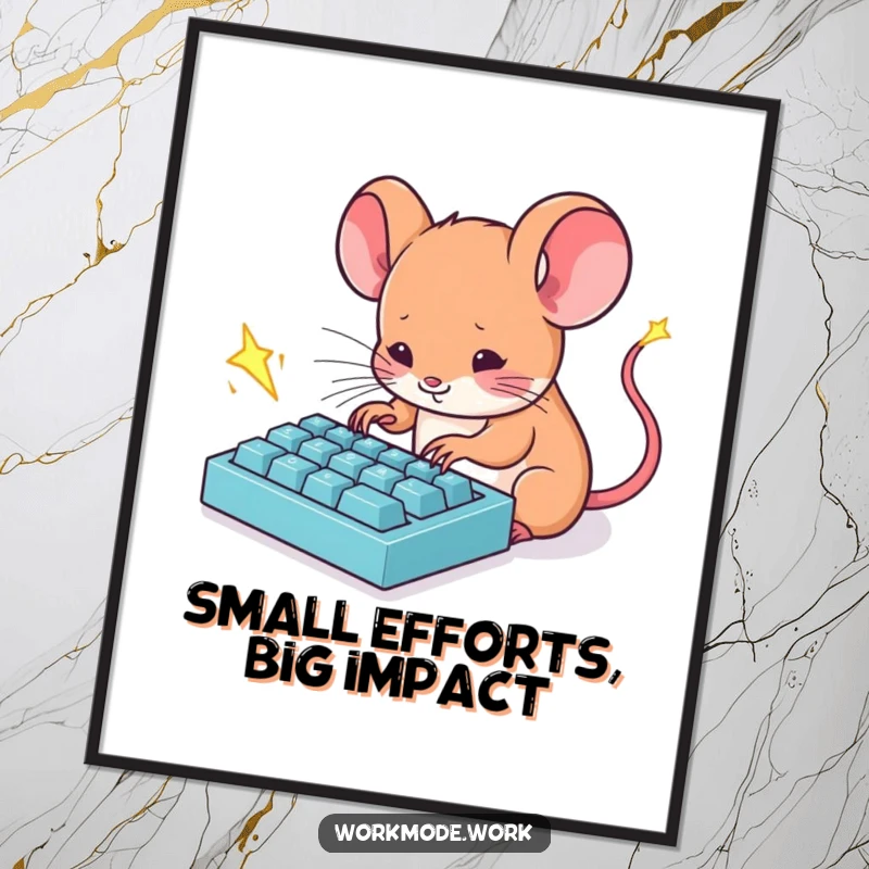 Funny Free Printable Wall Art: Tiny mouse types furiously on a miniature keyboard with sparks flying.