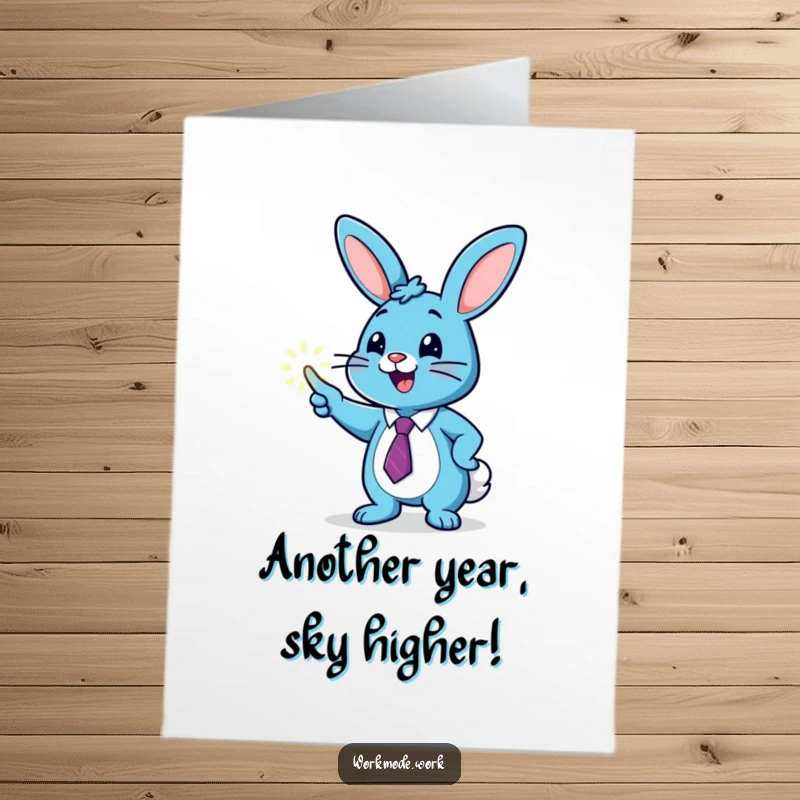 Funny Free Printable Birthday Card: Blue bunny in a tie points excitedly at a glowing upward graph, celebrating growth and good fortune.