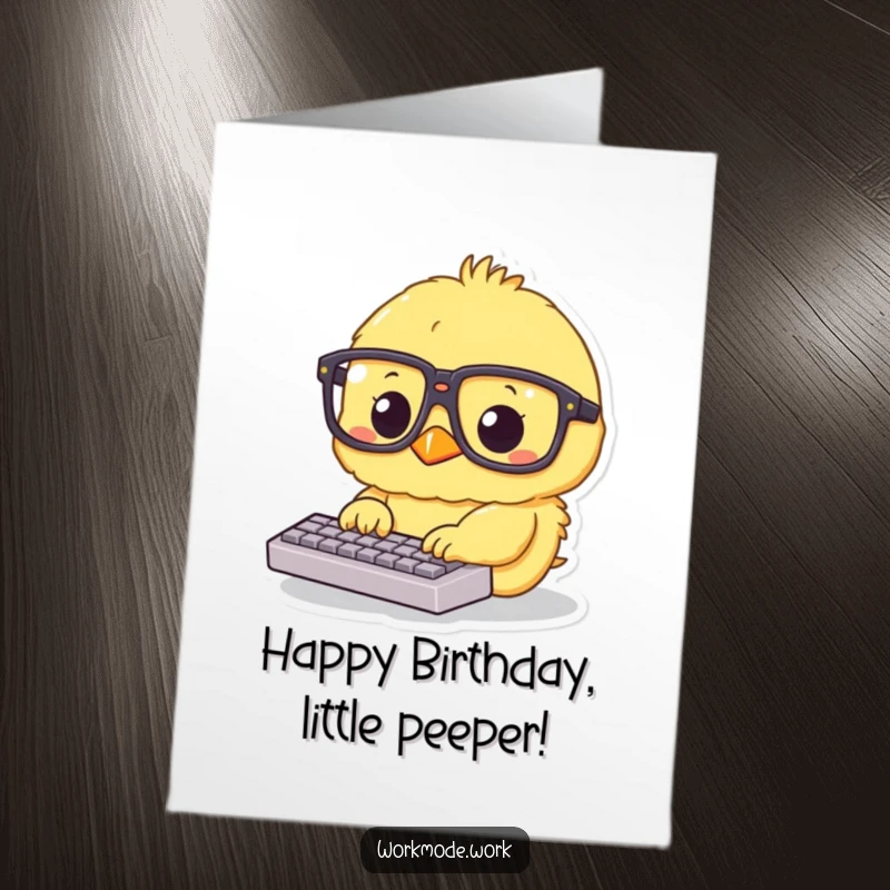 Funny Free Printable Birthday Card: Fluffy yellow chick in big glasses intensely types on a tiny keyboard, sending birthday cheer.