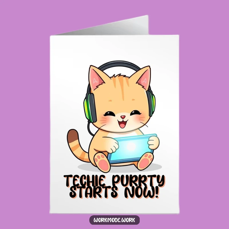 Free Printable Funny Cat Birthday Card: Groovy Feline Techie, Digital Download Gift