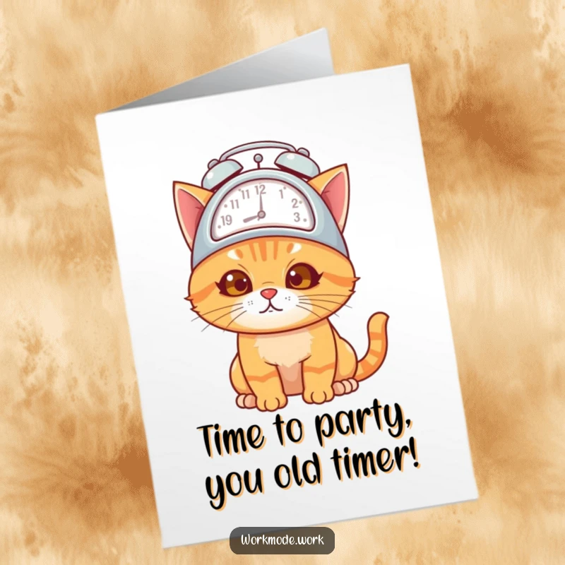 Funny Free Printable Birthday Card featuring a curious orange cat wearing an alarm clock hat, determined despite feeling overwhelmed.