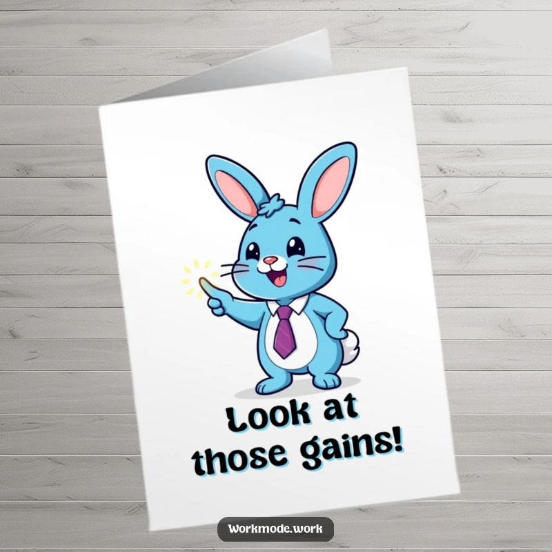 Funny Free Printable Congrats Card: Bouncy blue bunny wearing a tie enthusiastically points to a glowing graph indicating success and growth.