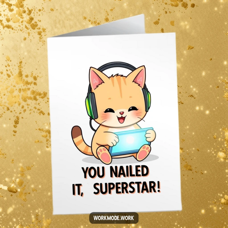 Funny Free Printable Congrats Card: Happy cat in headphones gives a virtual high-five for success.