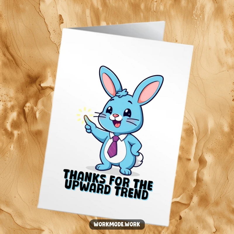 Funny Free Printable Thank You Card: A blue bunny in a tie enthusiastically points at a glowing graph, showing appreciation for positive results.