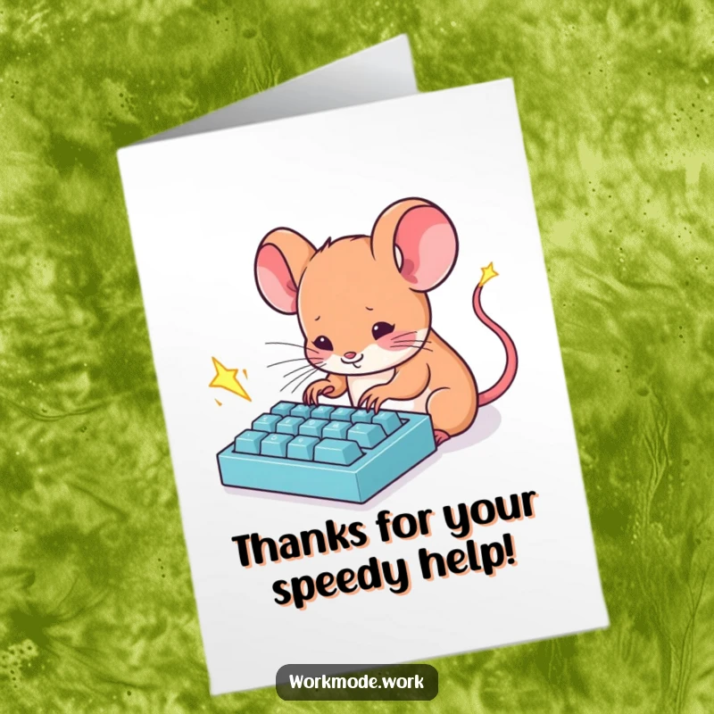 Funny Free Printable Thank You Card: Tiny mouse typing furiously on a mini keyboard, sparks flying.