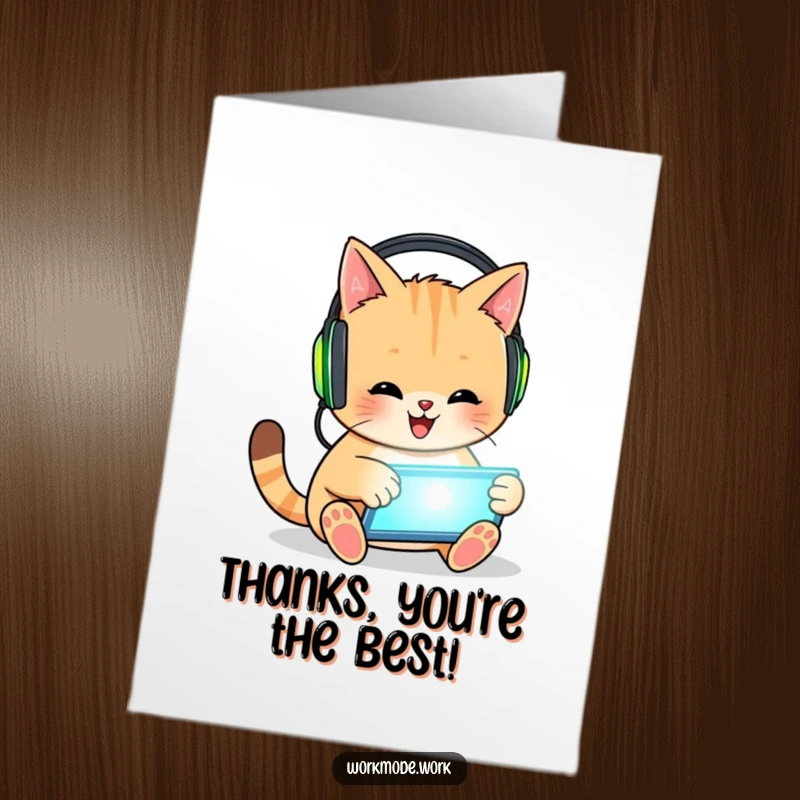 Funny Free Printable Thank You Card: Cat with headphones and tablet sends a heartfelt thank you.