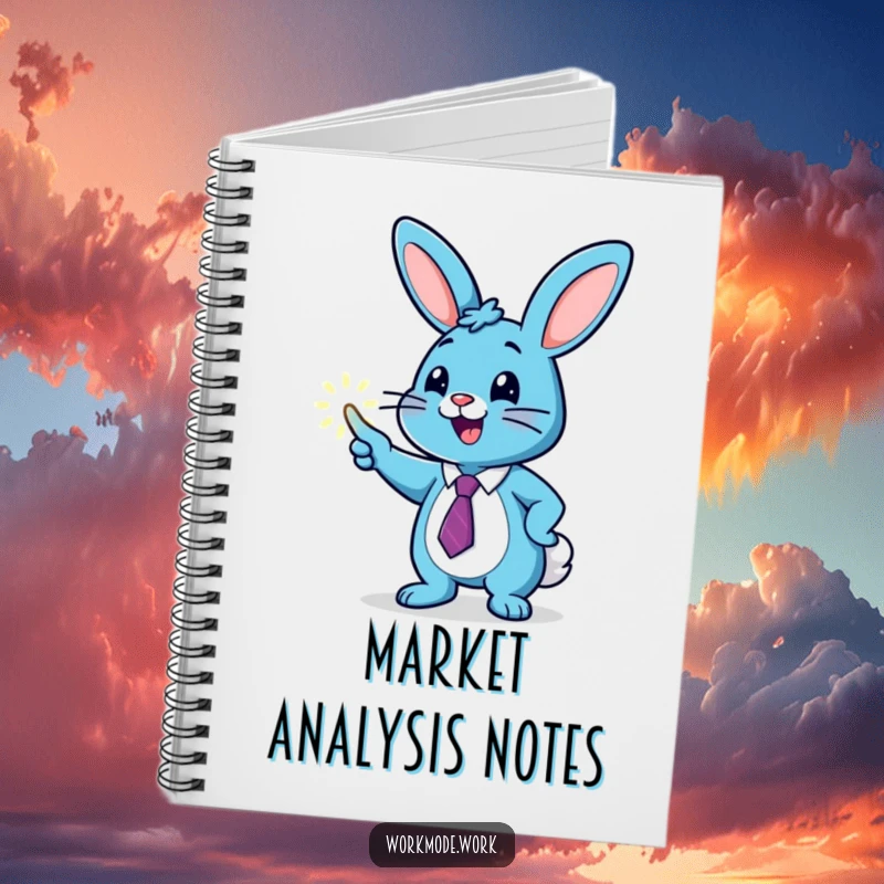 Funny blue bunny in a tie pointing at a glowing graph on a notebook cover, inspiring ambitious plans and financial goals.