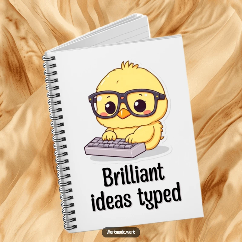 Funny yellow chick in big glasses typing on a tiny keyboard on a notebook cover, inspiring focused work and brilliant ideas.